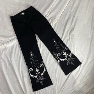 Vtg Basix II Beaded Floral Embroidered Flare Woman's Pants sz 6 y2k black white
